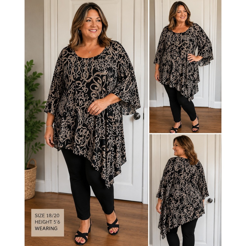 Cato Tunic Top Womens 18 20 Black Beige Sharkbite Bell Sleeve Plus Size Boho